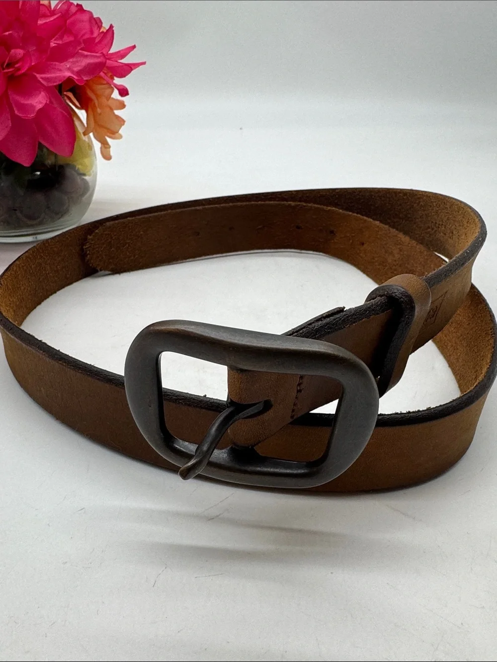 Classic Brown Leather Mens Belt with Matte Gunmetal Buckle Size 42